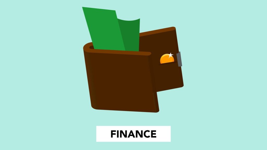 Simple illustration with dollar banknote and coin in wallet above finance inscription on green background