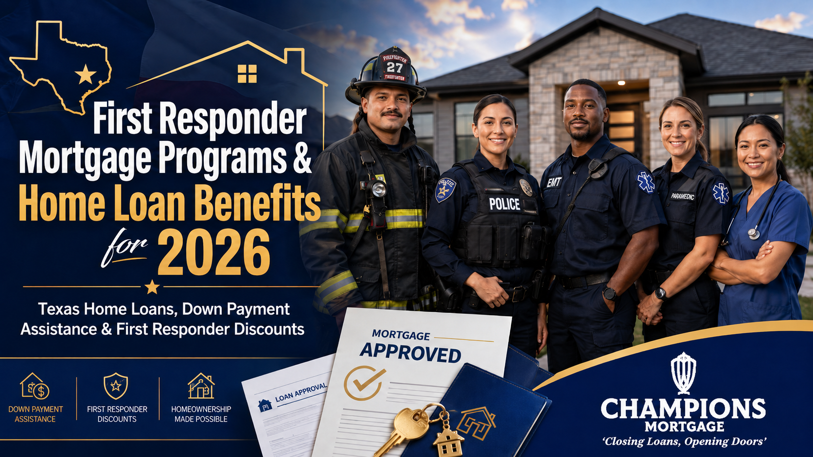 Featured image for Champions Mortgage showing a firefighter, police officer, EMT, paramedic, and nurse standing in front of a modern Texas home, promoting First Responder Mortgage Programs and home loan benefits for 2026.