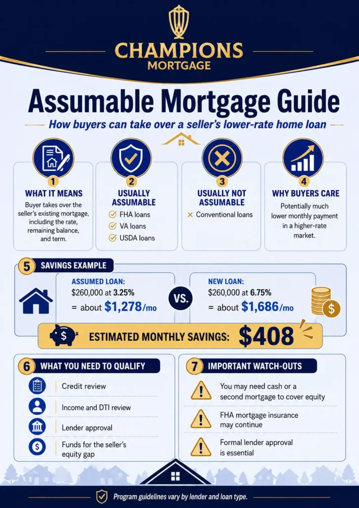 Assumable mortgage infographic explaining eligible FHA, VA, and USDA loans, qualification requirements, equity gap, and potential monthly savings.