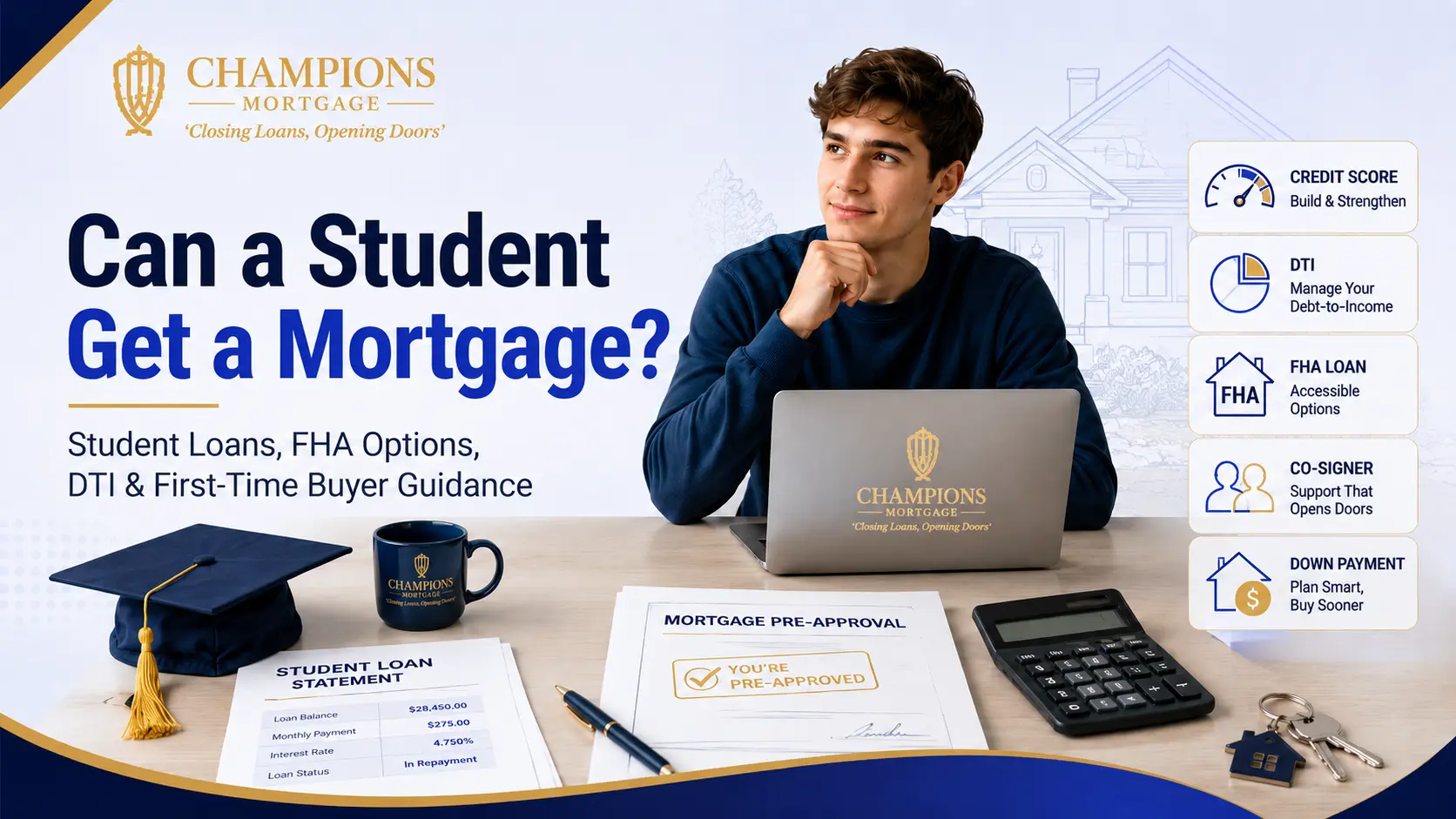 College student reviewing student loans, mortgage documents, FHA options, DTI, and first-time homebuyer guidance from Champions Mortgage.