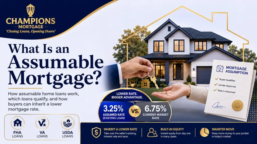 Buyer assuming a seller’s lower-rate FHA, VA, or USDA mortgage with Champions Mortgage.