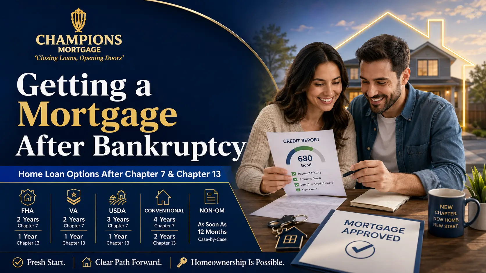 A couple reviews a credit report and mortgage approval document at a table, with mortgage loan options listed on the left and a house in the background.