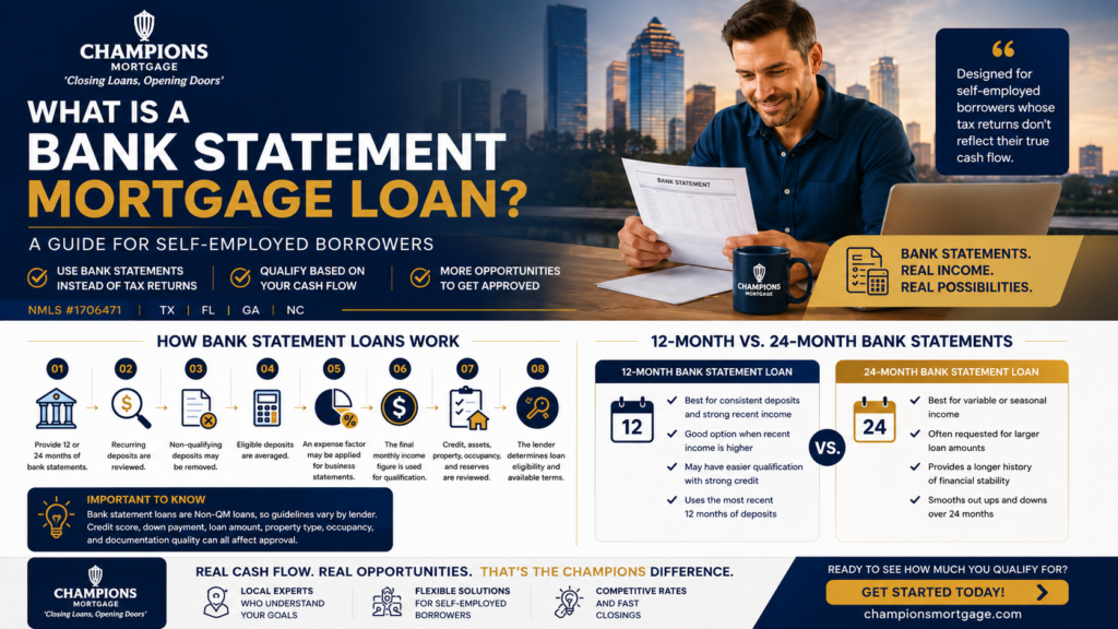 Self-employed borrower reviewing bank statements for a mortgage loan with Champions Mortgage.