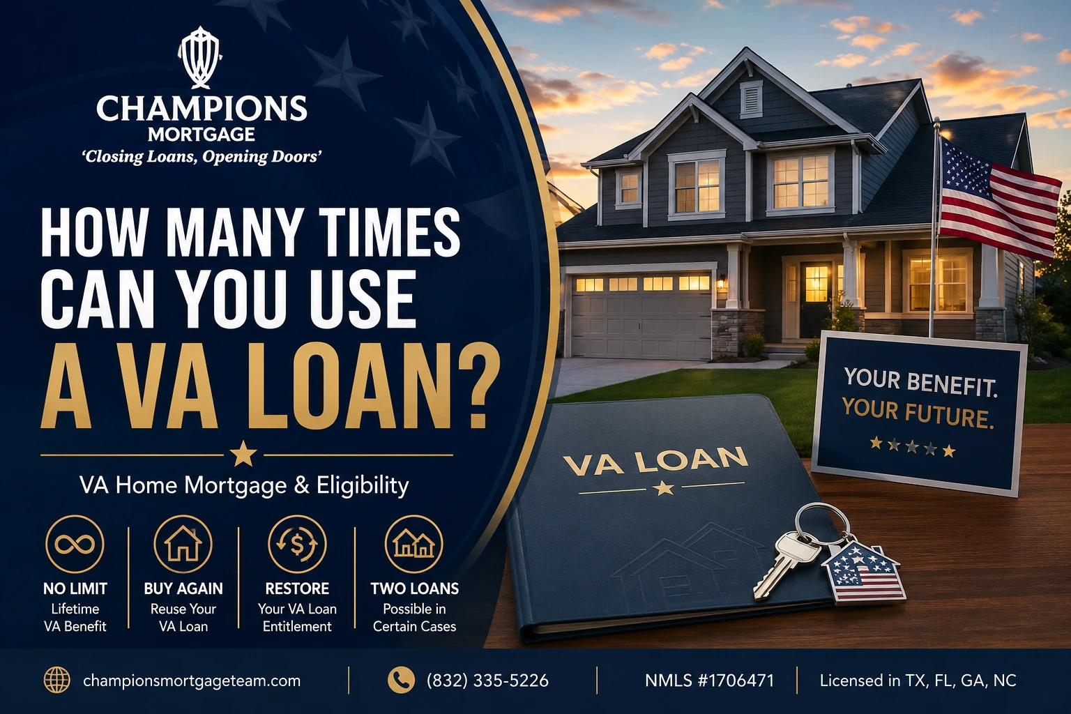 How many times can you use a VA loan explained by Champions Mortgage, including VA loan reuse, entitlement restoration, and multiple VA loans.