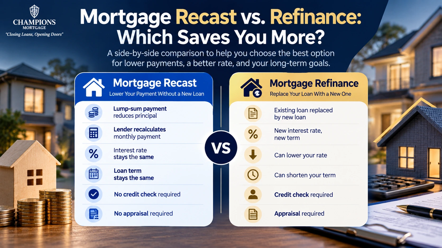 Mortgage recast vs refinance comparison showing key differences in payments, interest rates, credit checks, and appraisals.