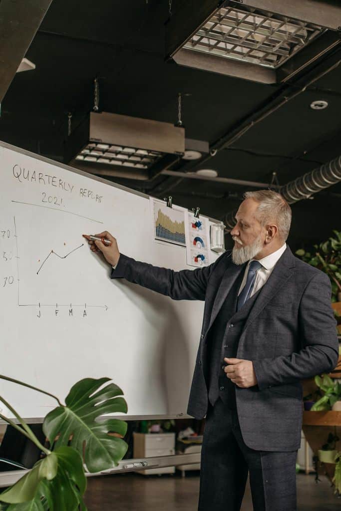 A Man in Corporate Attire Pointing at a Graph on a White Board