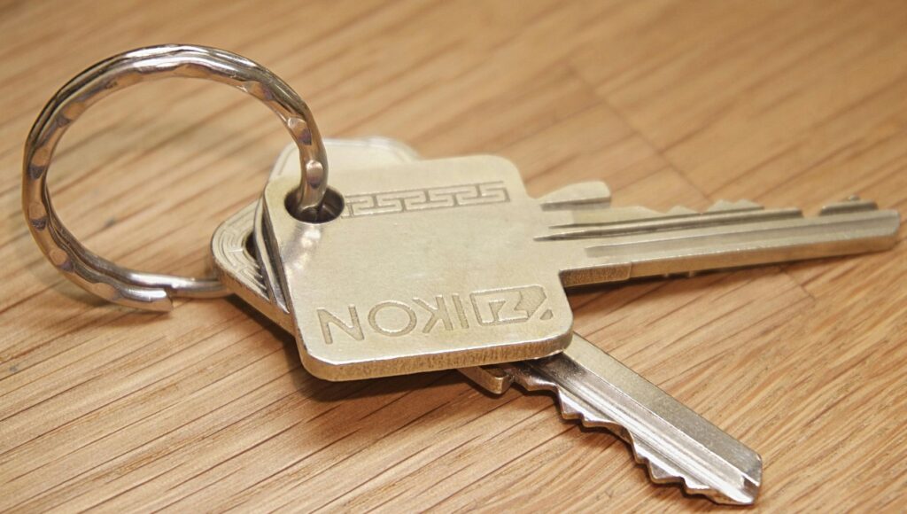 Gray Ikon Keys on Brown Wooden Surface