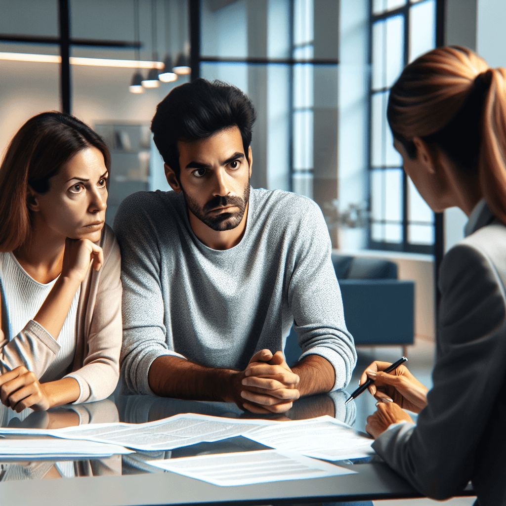 couple worried at bank for loan , stock photo