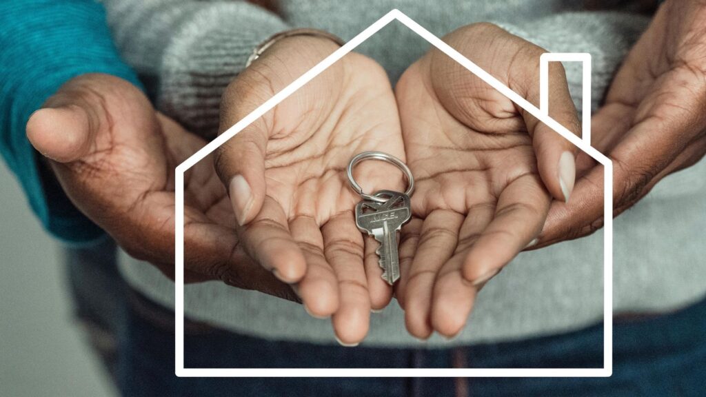 A Picture of a Couple's Hands with a House Key inside a House Illustration